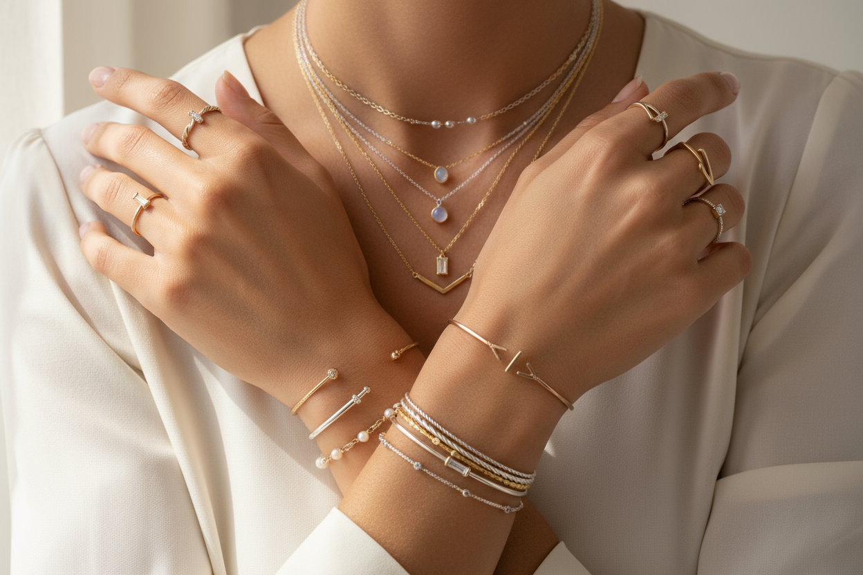 woman wearing gold and silver delicate jewelry