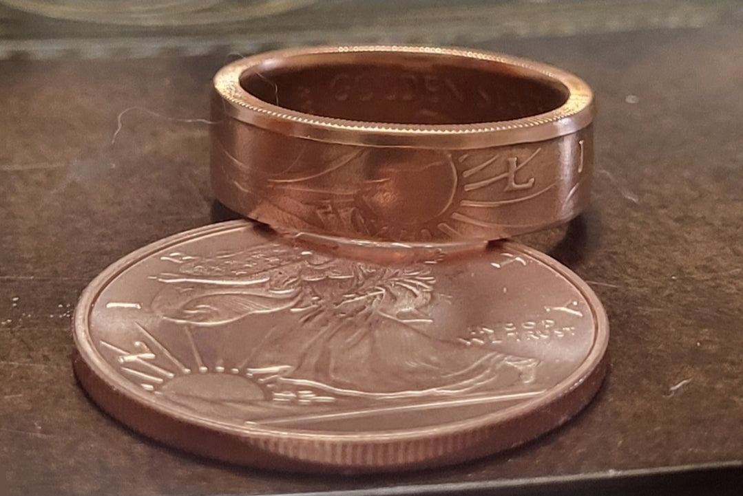 Walking Liberty and sun copper ring