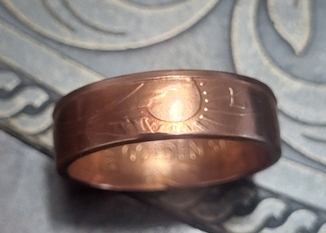 Walking Liberty and sun copper ring